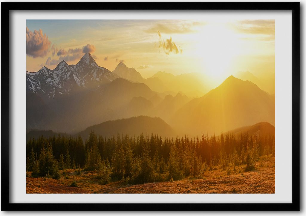 Bild - Bilder - Bilderrahmen - 70 cm x 50 cm - MDF-Rahmen, Wandkunst Sunset berg