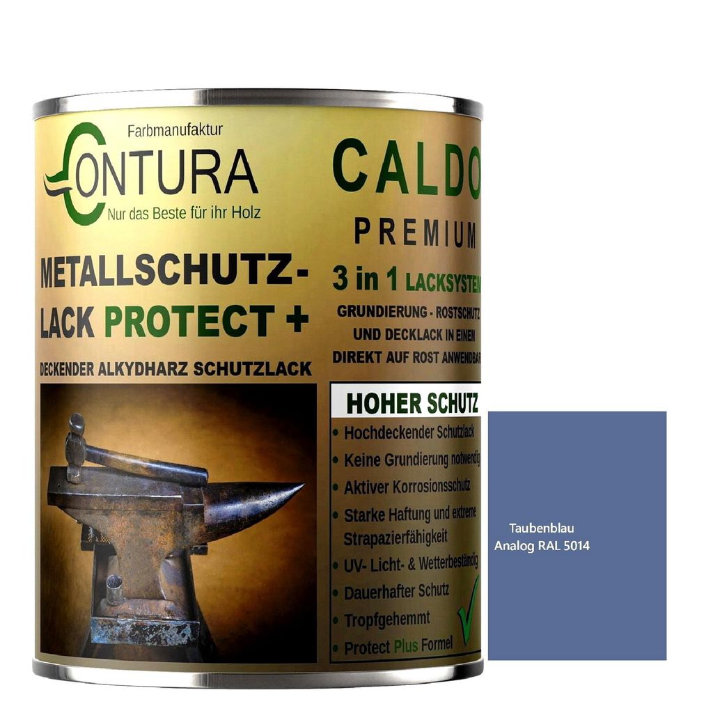 Contura 3 in 1 Rostschutzfarbe 2,5Liter. Metallschutzlack GLÄNZEND RAL Metall Lack Farbe Grundierung Rost - RAL 5014 Taubenblau