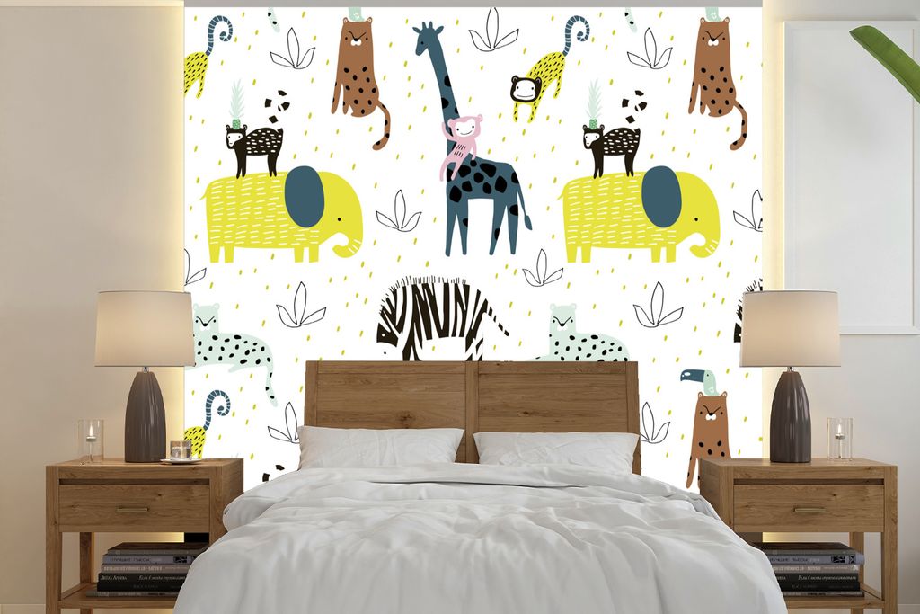 MuchoWow Fototapete für Wohnzimmer oder Schlafzimmer Wandtapete Vinyl Motivtapete Dschungel - Giraffe - Affe - 300x300 cm - Wanddekoration