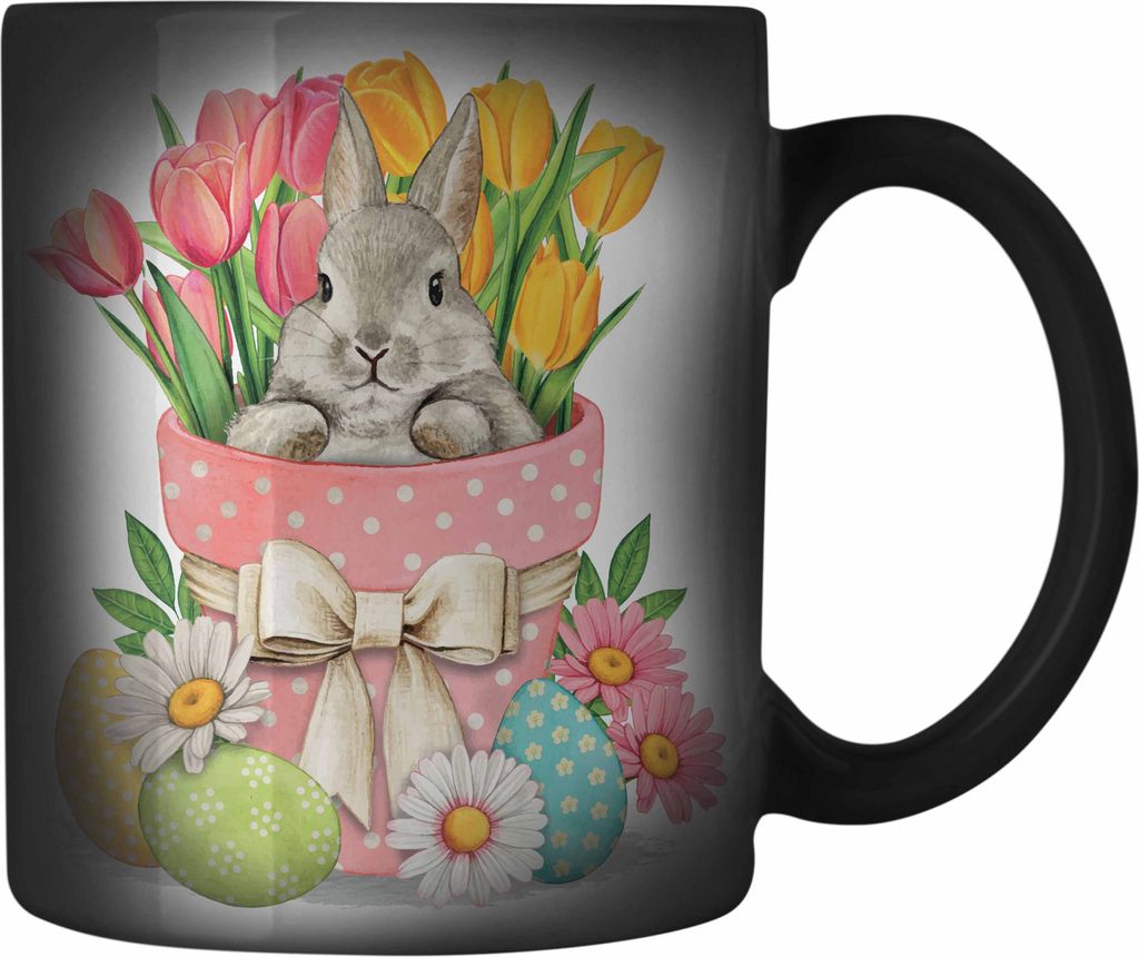 Trendation - Farbwechsel Zauber-Tasse Ostern Ostergeschenke Kinder Jugendliche Geschenke Lustige Grafik Osterhase Ostereier Tulpen (Schwarz)