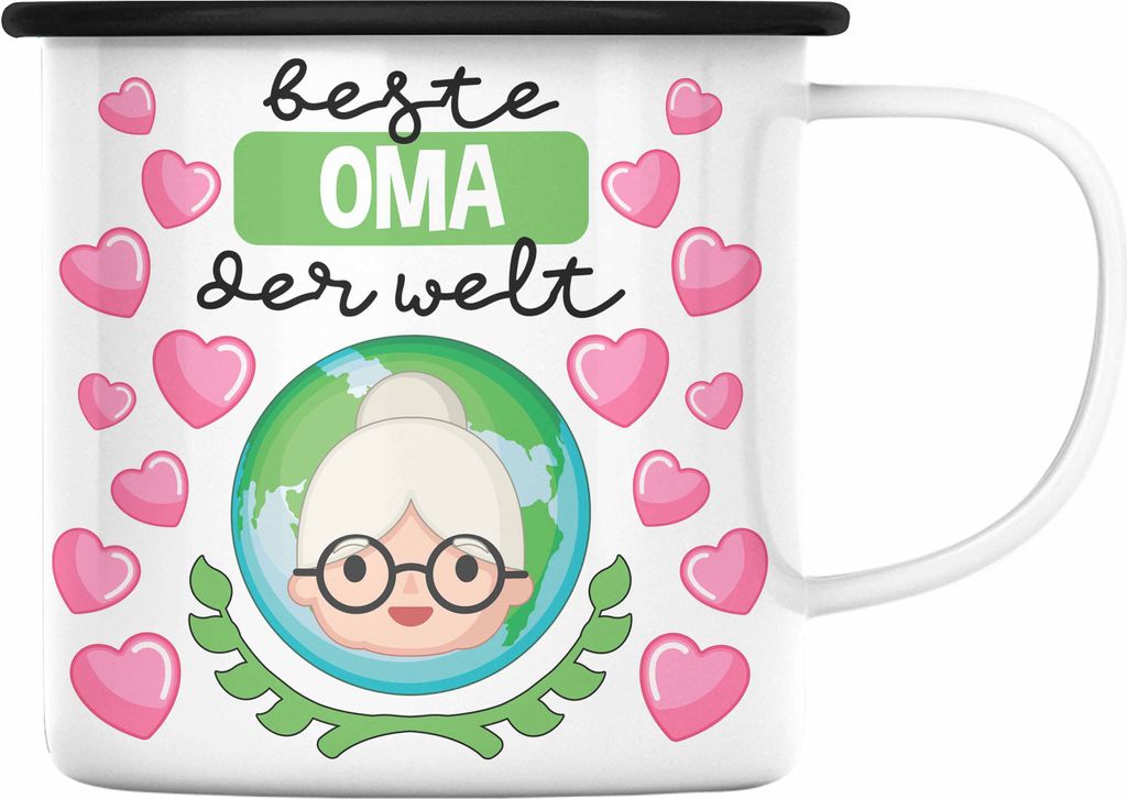 Trendation - Für Die Beste Oma Der Welt Emaille Tasse Geschenk Geschenkidee Von Enkel Enkelin (Schwarz)