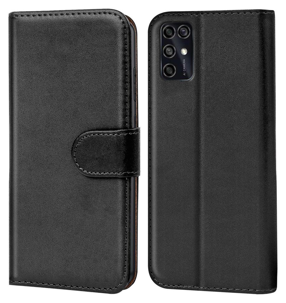 A black flip-style phone case is shown from the front and back.