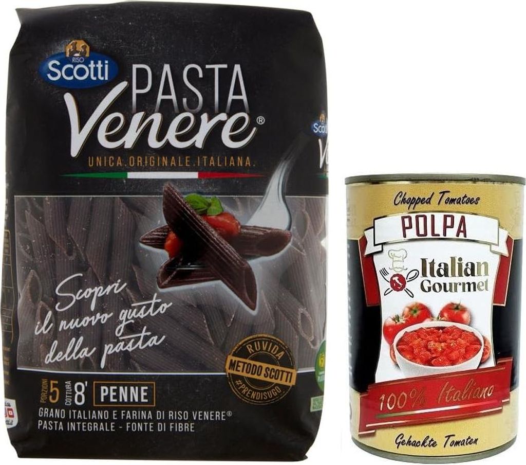 Riso Scotti Pasta Venere Penne Rigate,Pasta aus Hartweizengrieß und Schwarzem Venere-Vollkornreismehl,Packung mit 400g + Italian Gourmet Polpa di ...