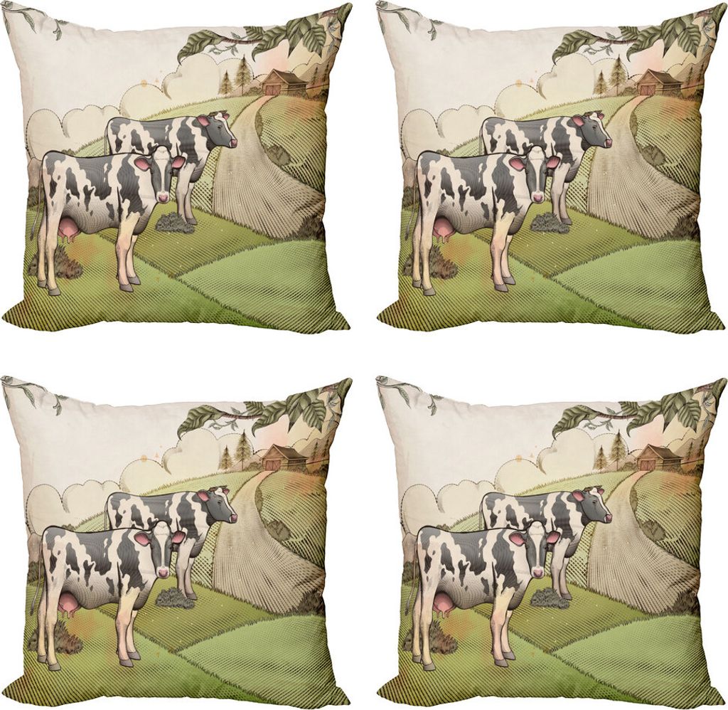 ABAKUHAUS Bauernhoftier Kissenbezug Set (4 Stück), Milchkühe Land, Moderner Doppelseitiger Digitaldruck, 45 cm x 45 cm, Mehrfarbig