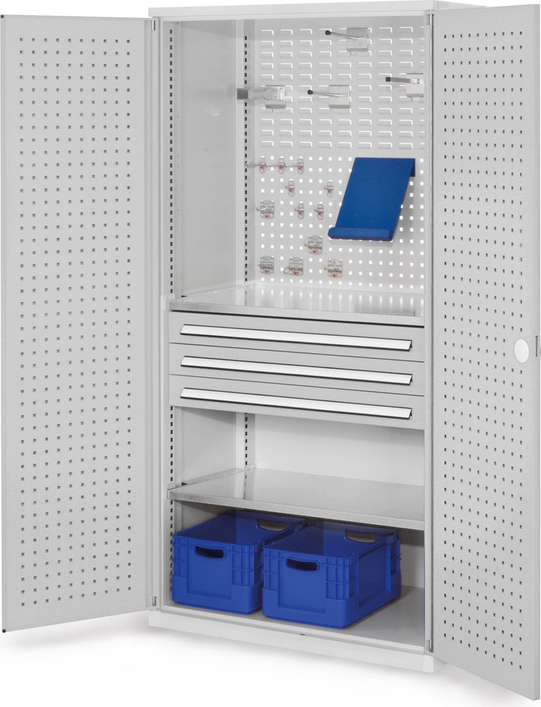 Werkzeugschrank, Türen mit Lochplatten, 3 Schubl.+ 2 Fachb., BxTxH 1000x600x1950 mm, RAL 7035