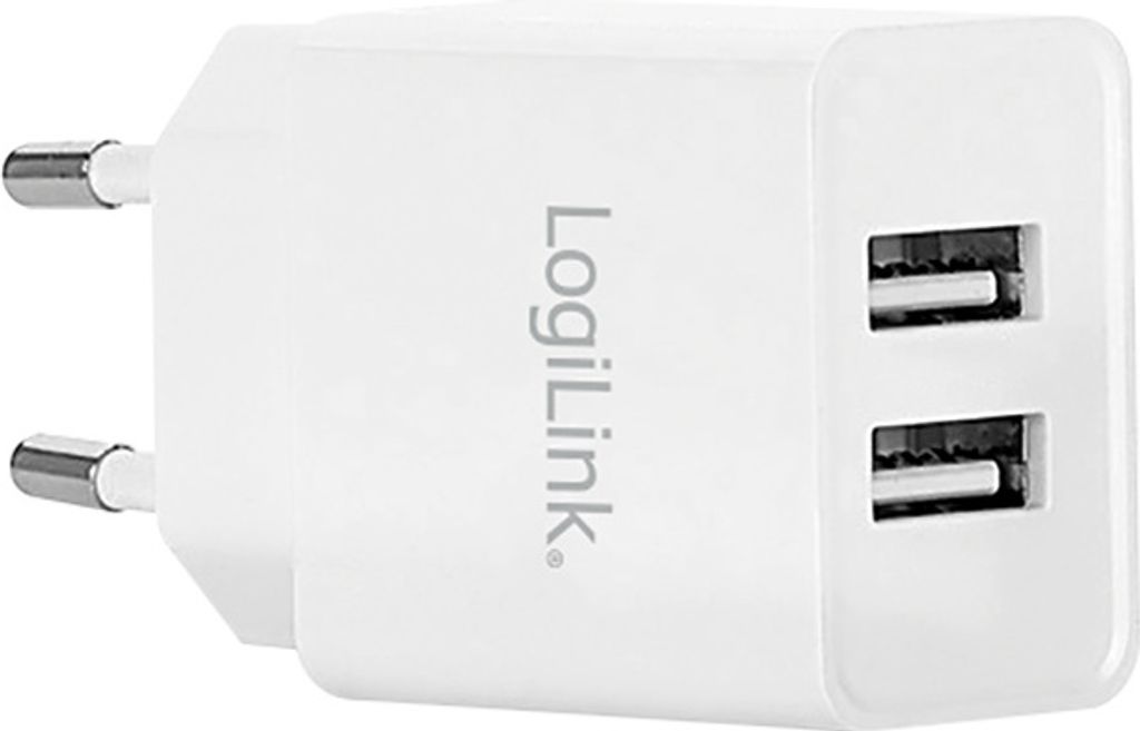 A white LogiLink dual USB wall charger with European plug pins.