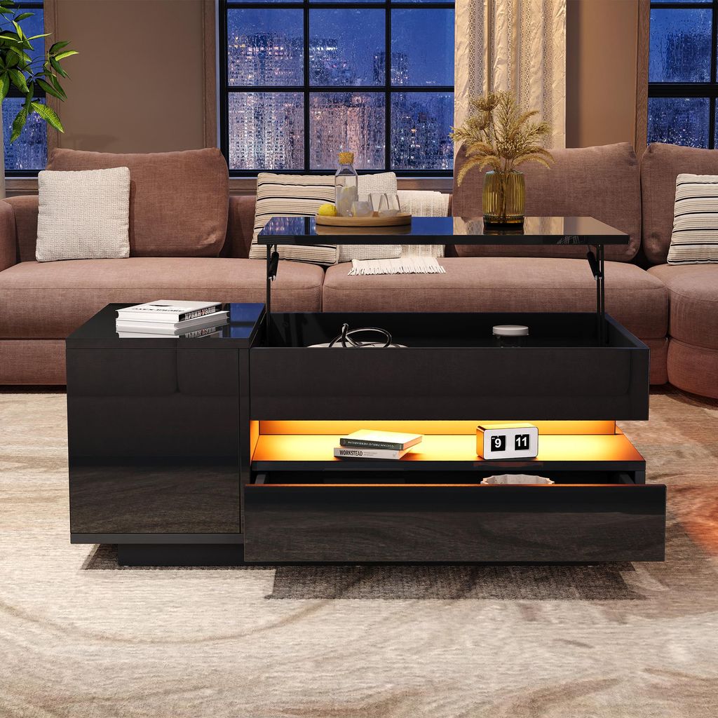 okwish Anhebbarer Couchtisch 1 Schublade und 1 Schrank,Wohnzimmertisch/Beistelltisch mit LED,Hochglanz Teetisch Sofatisch mit verstecktem und halbo...