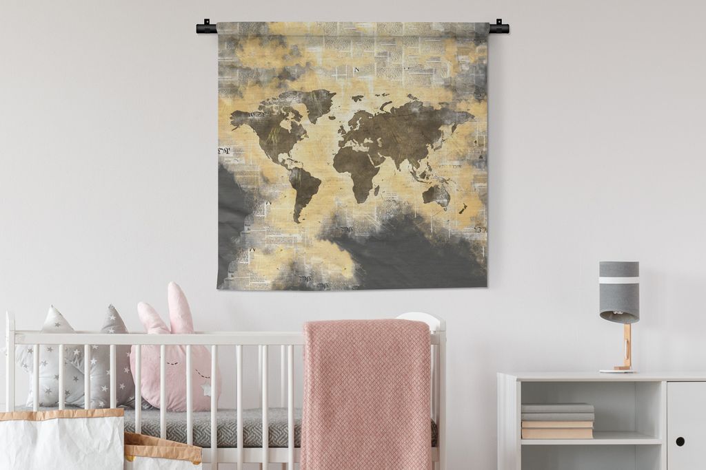 MuchoWow Wandteppich Wandbehang Weltkarte - Zusammenfassung - Zeitungen 90x90 cm Tapisserie Dekoration Wandtuch - Wandaufhänger