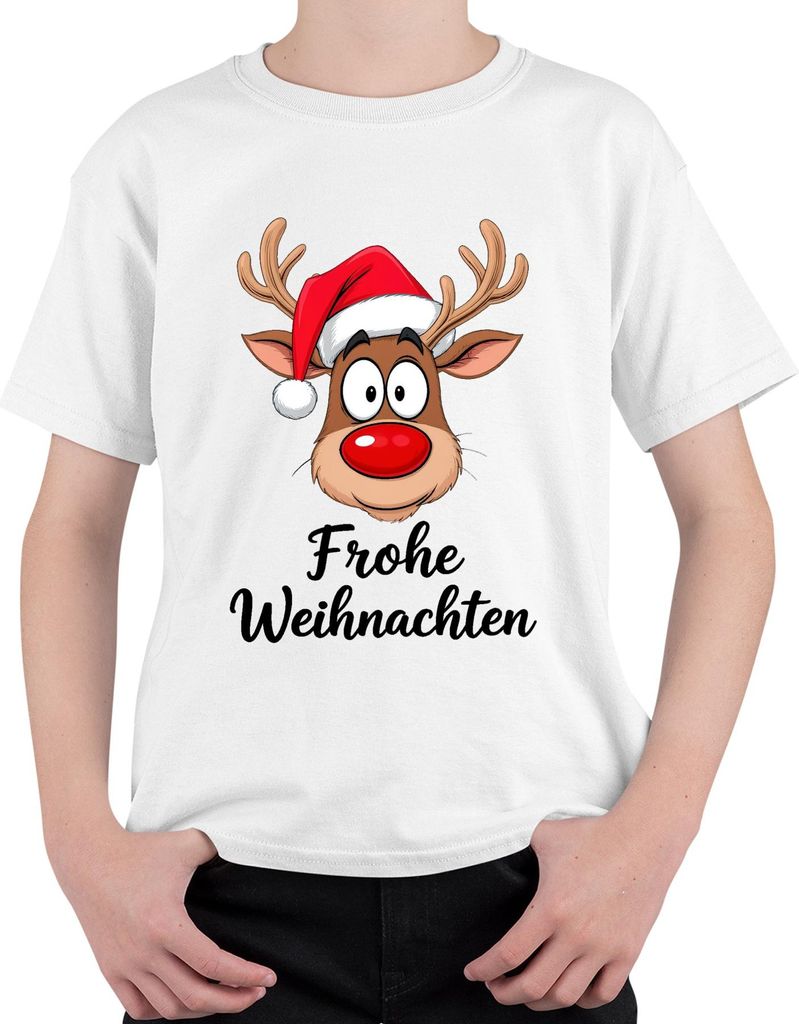 Frohe Weihnachten Rentier Rudolf Cartoon Niedlich Lustig Geschenk Uni Kinder T-Shirt, Weiß, 128