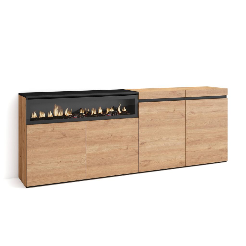 Sideboard, Highboard, 200x35x75cm, 4 Türen, Elektrokamin. farbe Eiche