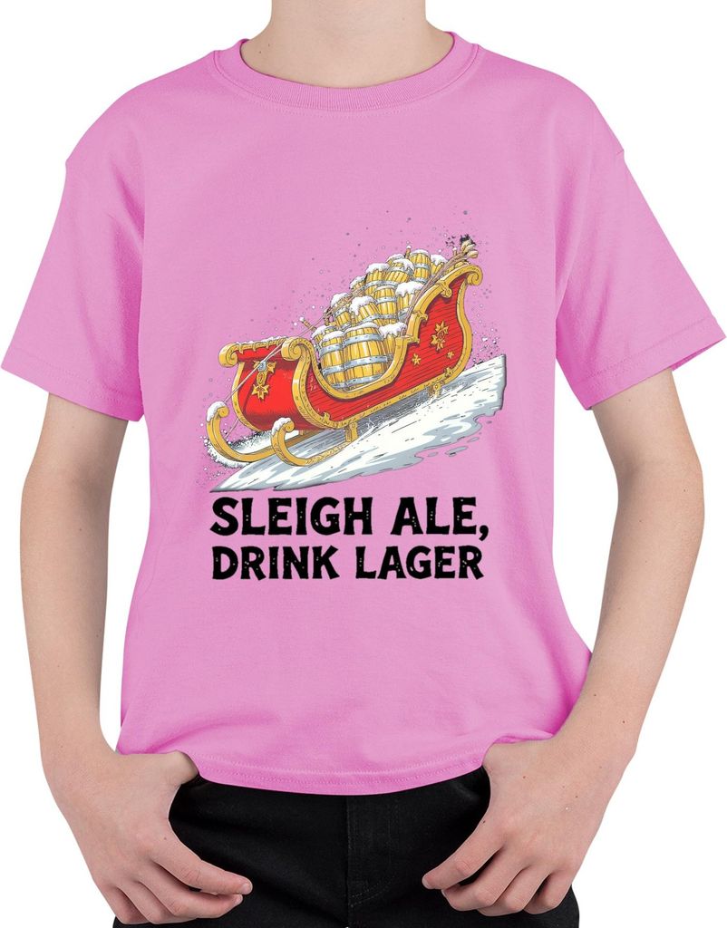 Sleigh Ale Drink Lager Weihnachten Bier Geschenk Santa lustig Uni Kinder T-Shirt, Pink, 140