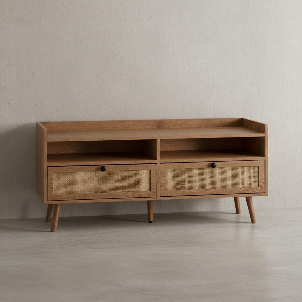 Lowboard 120x56x39 cm TV-Kommode mit Eiche-Nachbildung & Rattan, Design TV-Schrank Hoch mit Schubladen, Fernsehtisch Fernsehschrank Stauraum, Ferns...