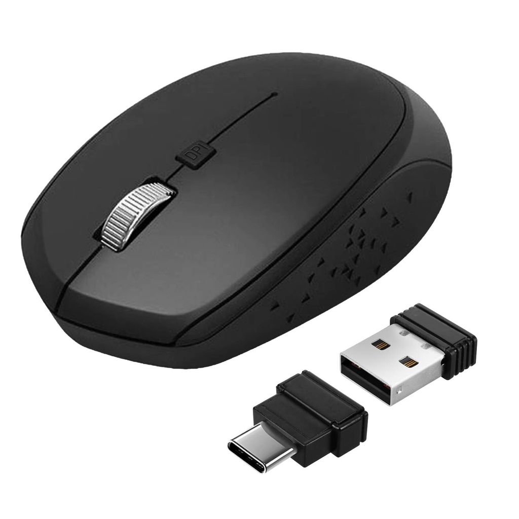 A black wireless mouse with a USB-C adapter and a USB adapter, shown on a white background.