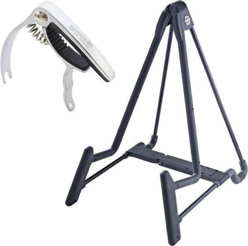 K&M 17581 Heli Gitarrenständer mit Kapodaster Silber