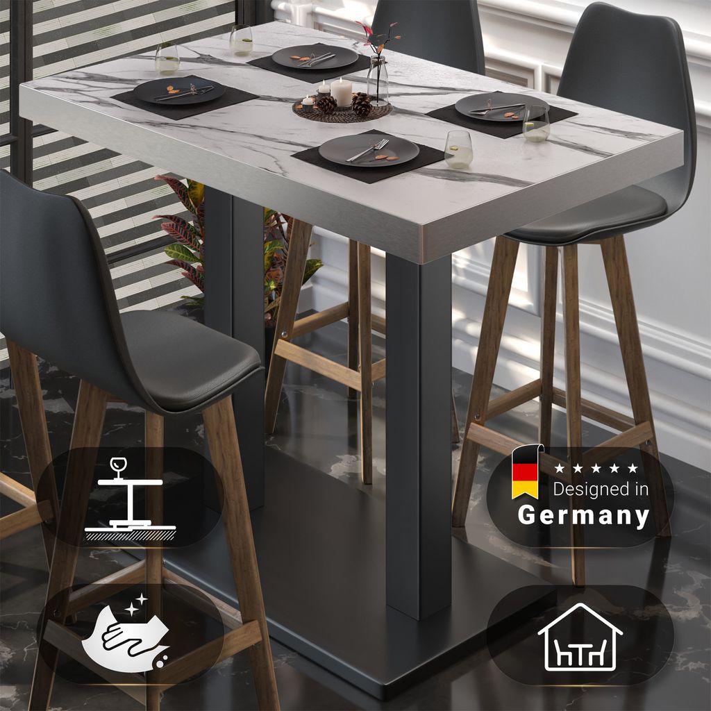 BM | Bistro Stehtisch | 130 x 80 x 110 cm | Rechteckig | Edelstahl Rand | Weiß Marmor / Schwarz | Gastro Steh Tisch Restaurant
