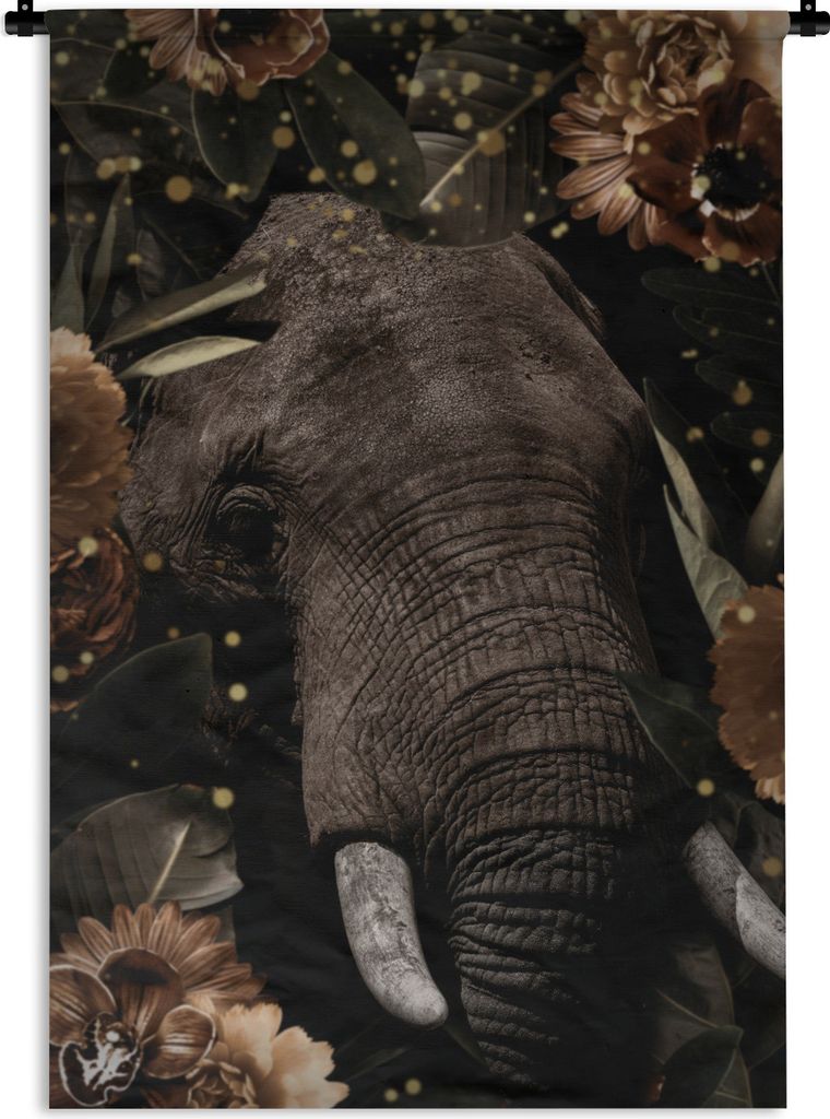 MuchoWow Wandteppich Wandbehang Elefant - Pflanzen - Gold 120x180 cm Tapisserie Dekoration Wandtuch - Schlafzimmer - Dekorationen für das Haus