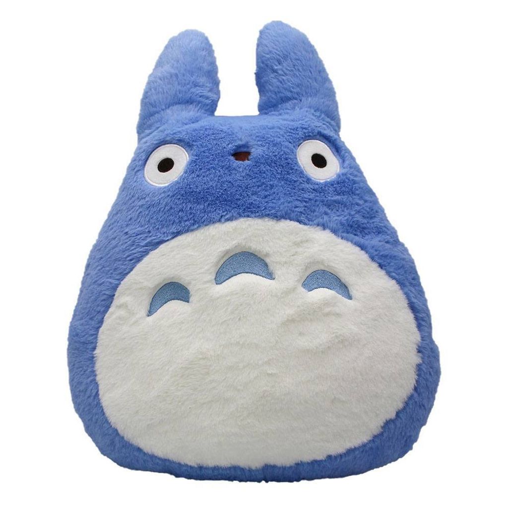 A blue Totoro plush toy is shown against a white background.