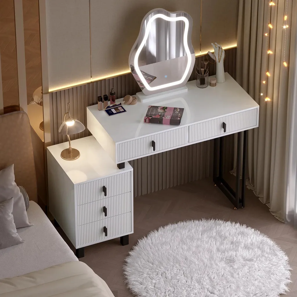 Coiffeuse avec miroir asymétrique et éclairage LED réglable - Blanc - 5
