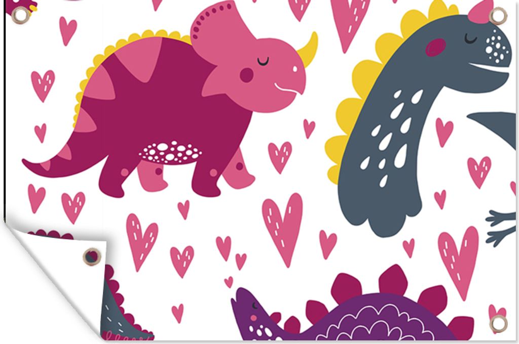 MuchoWow 90x60 cm Outdoor-Poster Gartendeko Sichtschutz Garten Poster für den Garten Dino - Herz - Muster - Rosa - Mädchen - Dinosaurier