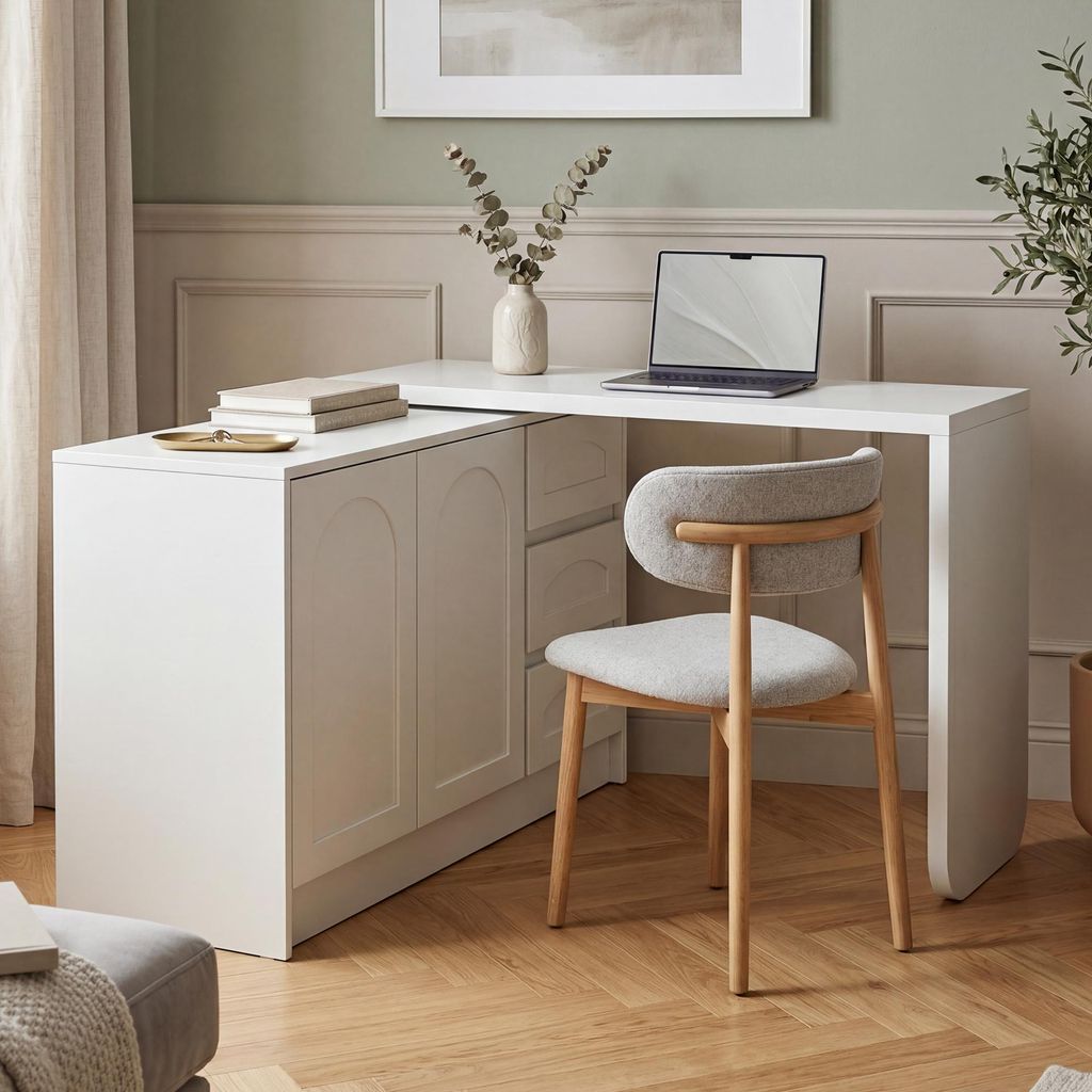 okwish L-Form Schreibtisch mit 360°-Drehfunktion, Eckschreibtisch mit Schubladen,Platzsparend, für kleine Wohnungen in Weiß