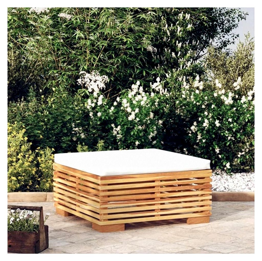 Gartenhocker mit cremefarbenem Kissen aus massivem Teakholz, 69,5 x 69,5 x 31 cm, wetterfest, für Terrasse, Garten, Balkon, Lounge-Möbel