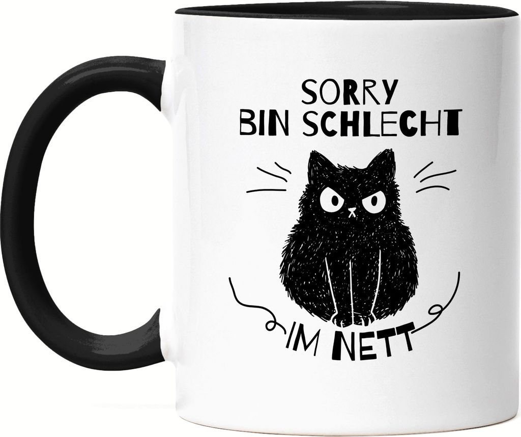 Sorry Bin Schlecht Im Nett Tasse Schwarz mit Katzen und Herzen Motiv für Katzenliebhaber Katzenliebe Miau Mieze Büsi