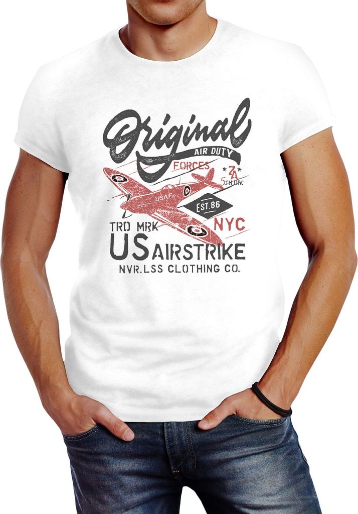 Herren T-Shirt US Airforce Army Motiv Spitfire Flugzeug Vintage Motiv Retro Schriftzug Fashion Streetstyle Neverless weiß XXL