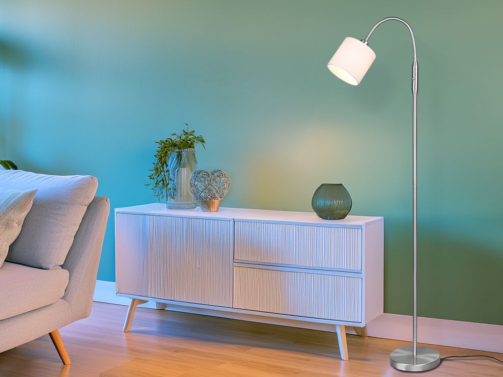 Kleine Wohnzimmer LED Stehlampe Silber mit Stoffschirm Weiß zum Lesen, H: 130cm