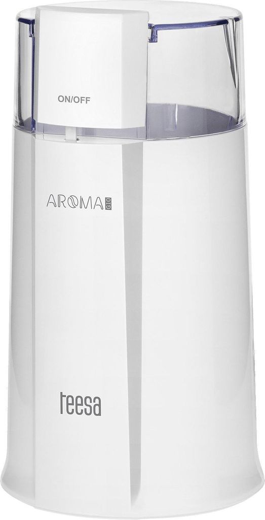 A white electric coffee grinder with a transparent lid, shown from a front-facing diagonal angle.