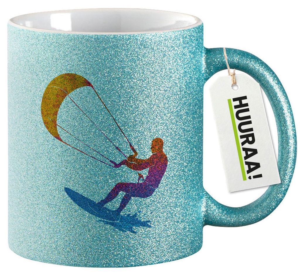 Huuraa Glitzertasse Kitesurfen bunte Silhouette 330ml Blau Keramik Kaffeebecher Geschenkidee