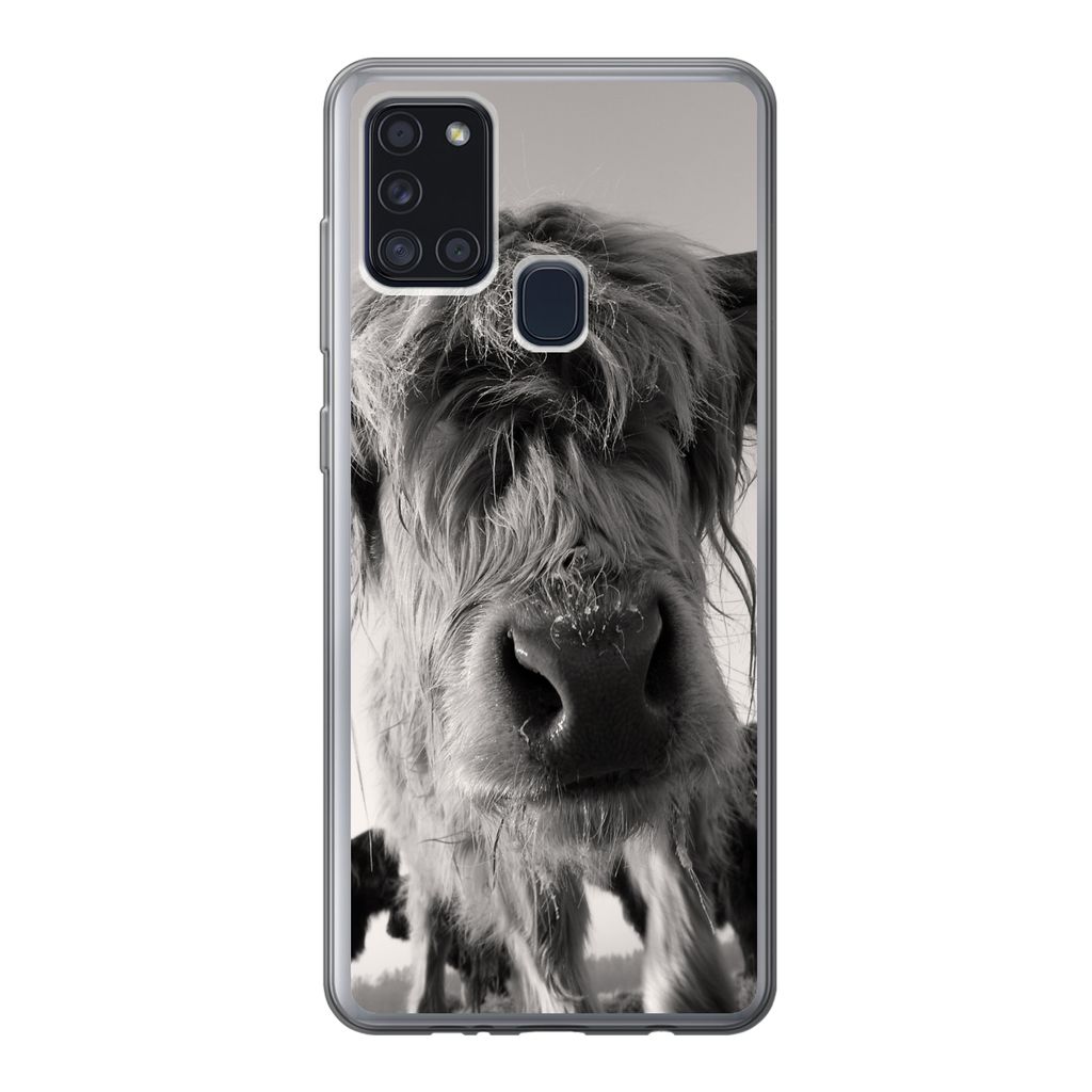 MuchoWow Handyhülle Schutzhülle Hülle für Samsung Galaxy A21s Schottischer Highlander - Schwarz - Weiß - Tiere Silikon Softcase Handy Hülle...