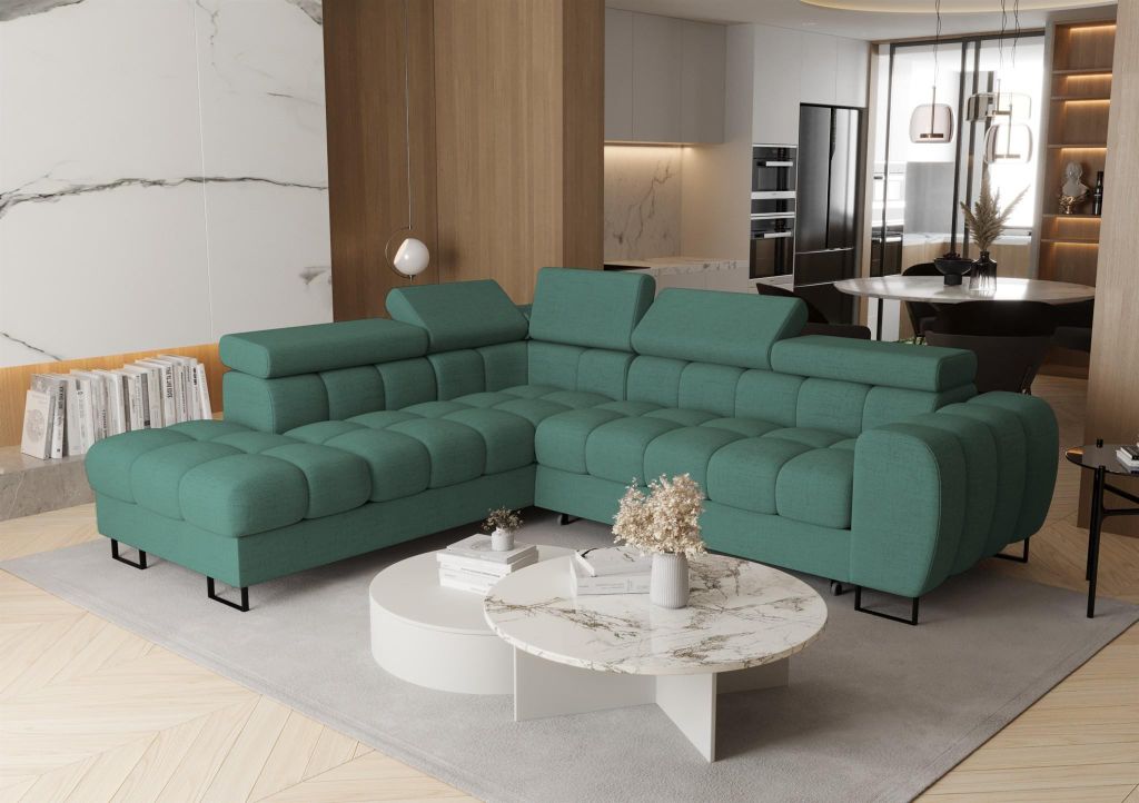 Ecksofa Schlafsofa BASTIEN MAX in Stoff Moly Grün Ottomane Links