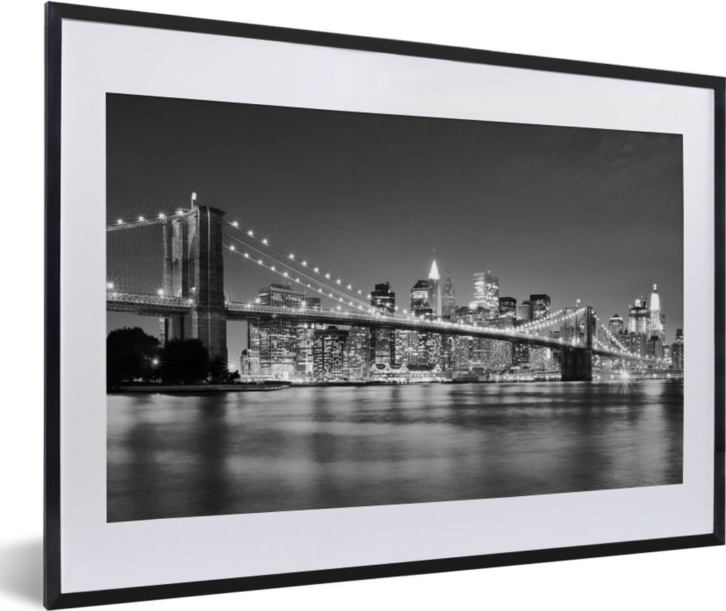 MuchoWow Gerahmtes Poster New York - Brücke - Brooklyn - Schwarz und weiß - Architektur 60x40 cm - Poster mit Schwarzem Bilderrahmen Wandposter...