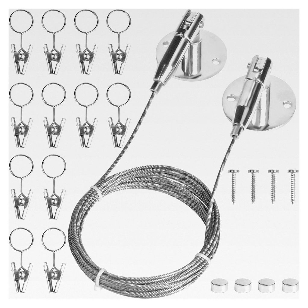 Gardine aus Edelstahl (3 Meter) mit 12 Vorhangclips, Vorhangdraht, Wäscheleine, Seilspanngarnitur, Vorhangseil für Kleidung und Bilder