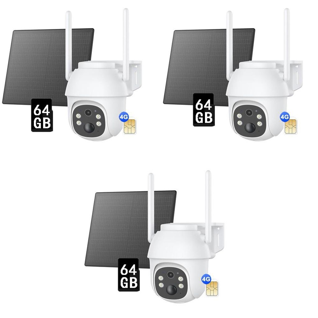 3er-Set 4G LTE Überwachungskamera, 2K Schwenk-Neige-Funktion, Kabellos, Solarbetrieben mit Solarpanel, KI-basierte Personen-/Fahrzeugverfolgung, 64GB