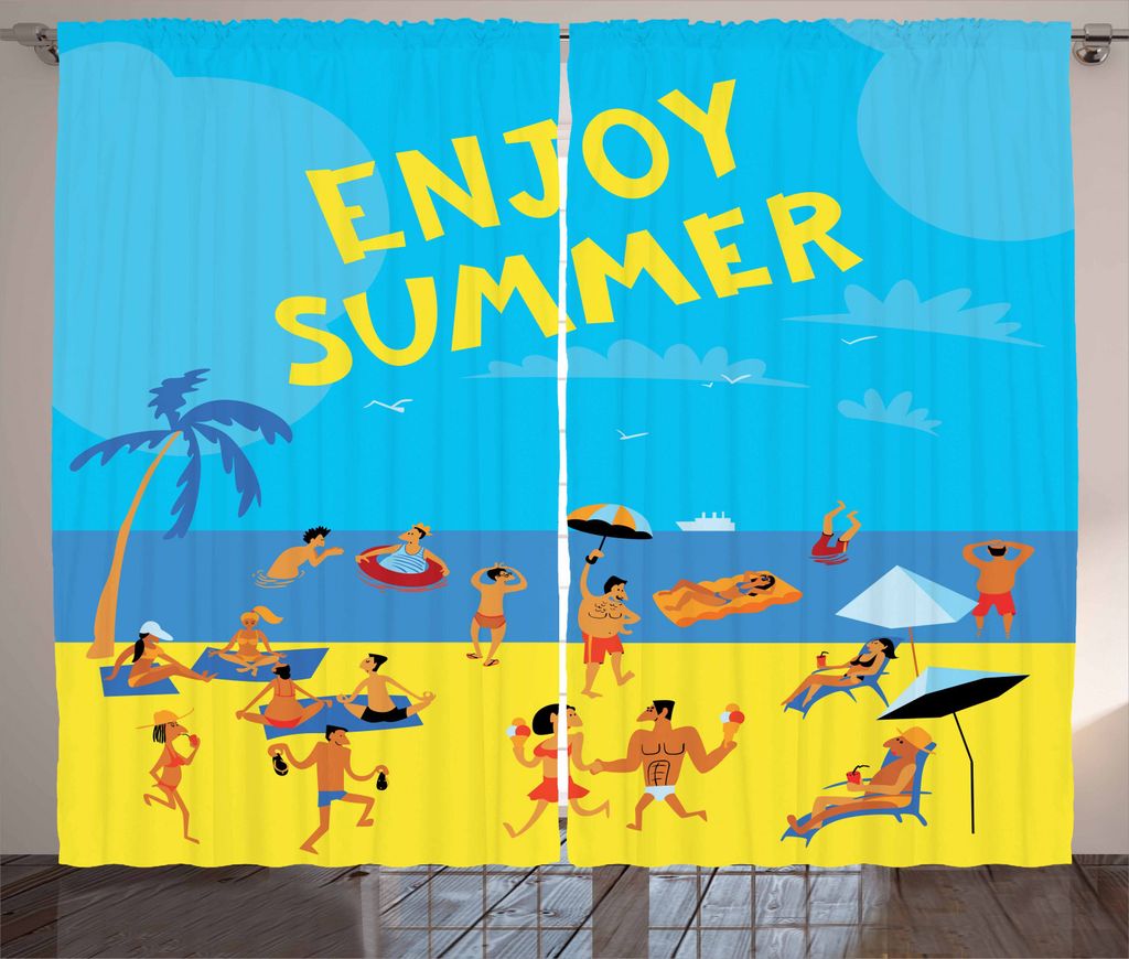 ABAKUHAUS Hallo Sommer Rustikaler Gardine, Menschen Tropical Beach, Schlafzimmer Kräuselband Vorhang mit Schlaufen und Haken, 280 x 225 cm, Mehrfa...