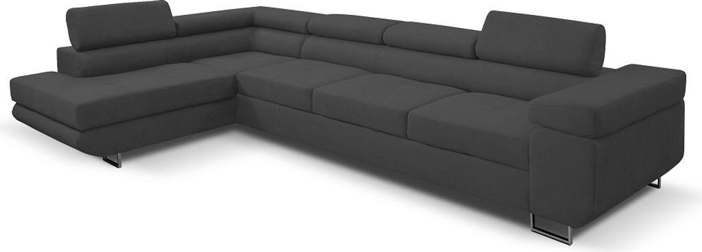 A dark gray sectional sofa is shown from a slightly elevated, diagonal angle against a white background.
