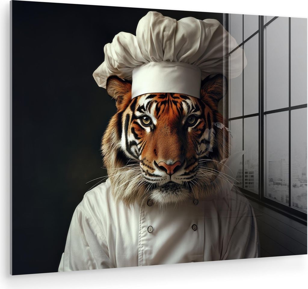 MuchoWow Glasbilder - Bilder auf Wandbild - Foto auf Glas Tiger - Kochbekleidung - Braun 80x60 cm Wanddekoration aus Glas - Acrylglasbild - Acrylbi...