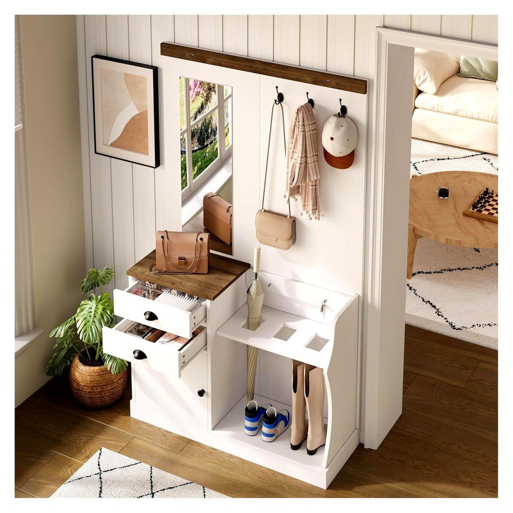 Flurgarderobe mit Spiegel, Schubladen und Garderobenständer | Garderobenset für kleine Räume | Kompaktgarderobe (110,5x191x38 cm) in Holzoptik m...