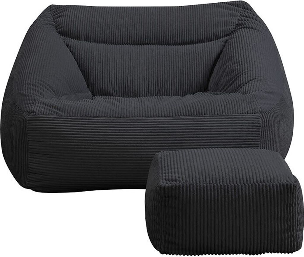 HOME DELUXE - Sitzsack COZY mit Hocker - Stoff: Samt Cord, Farbe: Anthrazit - Maße: 100 x 88 x 80 cm, inkl. Füllung I Sitzmöbel Bean Bag Sitzsäcke