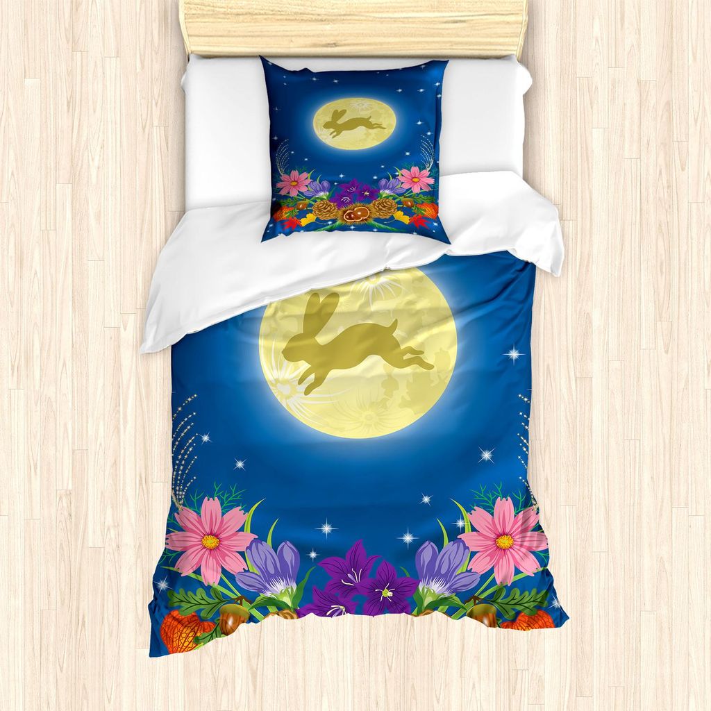ABAKUHAUS Hase Bettbezug Set, Dreamy Illustration eines Kaninchen-Silhouette Up in der Nacht Himmel Mond und Blumen, 135 x 200 cm + 80 x 80 cm, Meh...