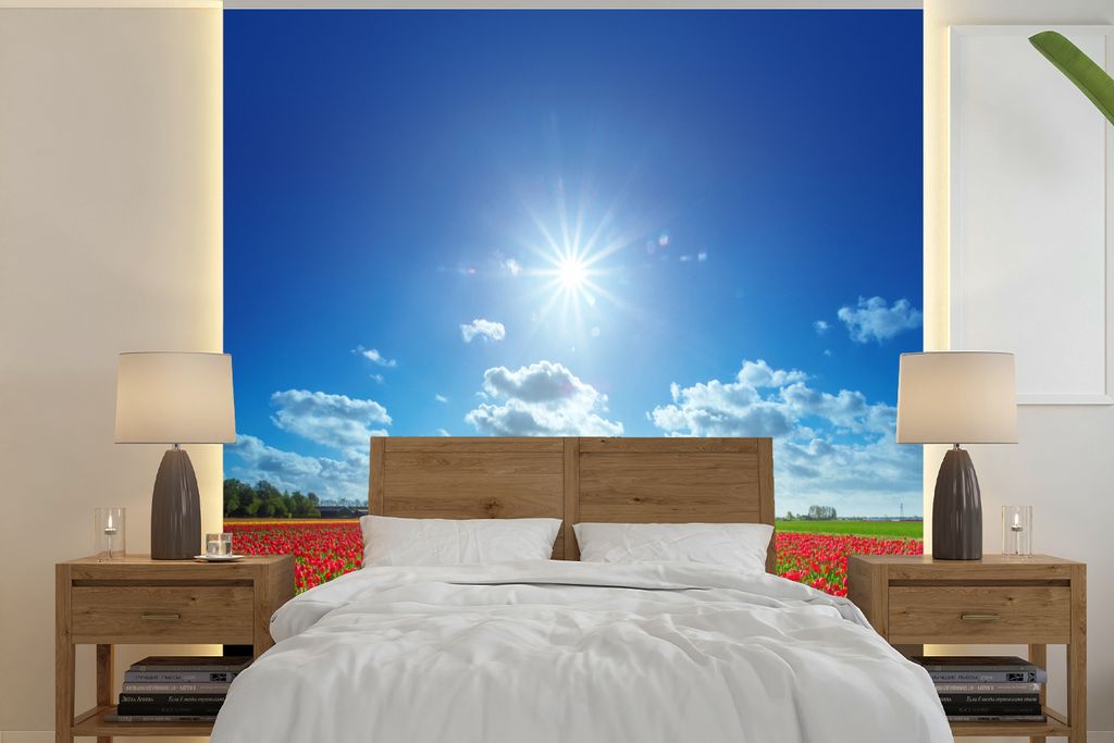 MuchoWow Fototapete für Wohnzimmer oder Schlafzimmer Wandtapete Vinyl Motivtapete Die Sonne scheint hell auf ein fein säuberlich angeordnetes F...