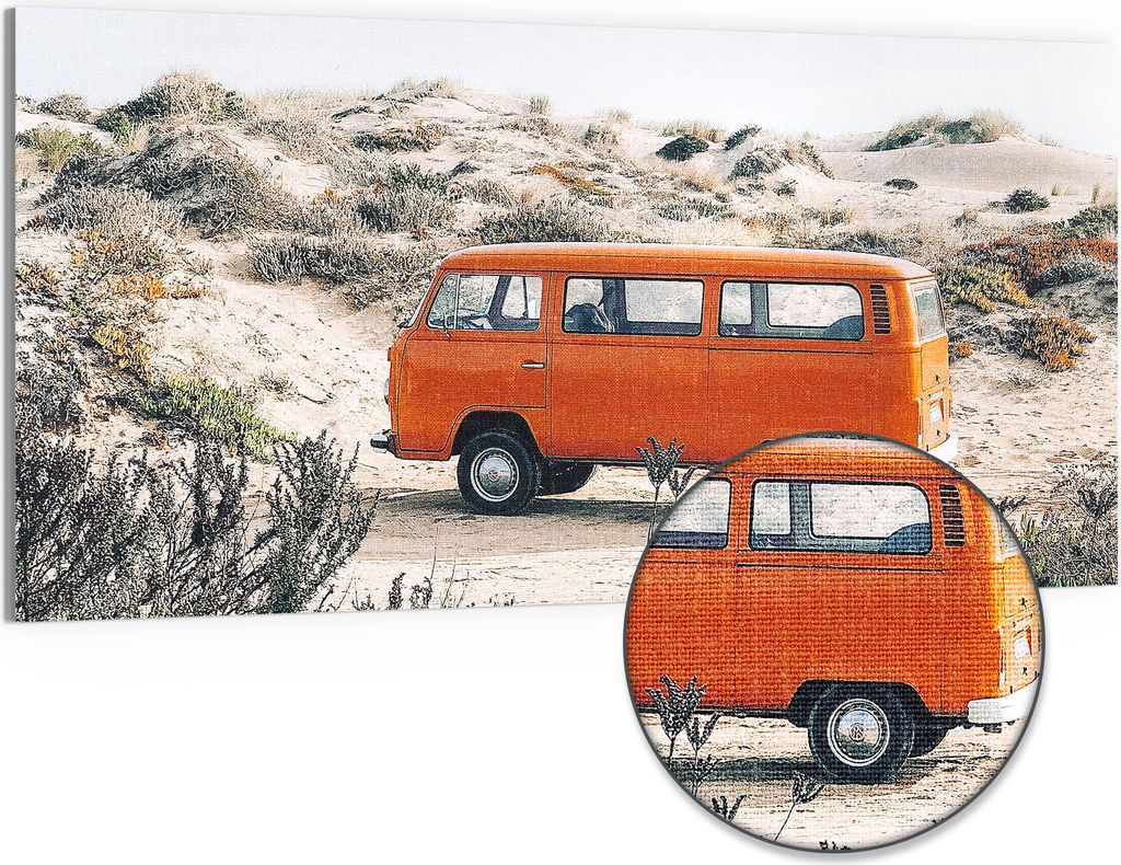 DEQORI Hybrid Leinwand Bild 100x50 cm 'Küstenabenteuer im VW' Wandbild Glas flach modern