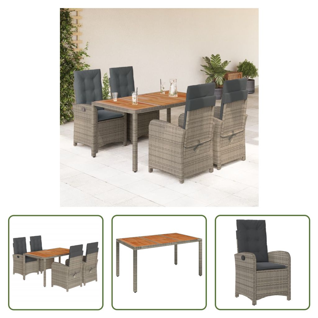The Living Store 5-tlg. Garten-Essgruppe mit Kissen Grau Poly Rattan