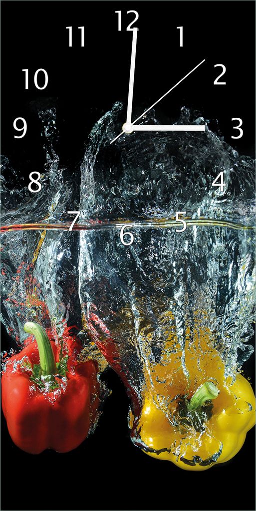 Wallario Design Wanduhr Paprika-Mix - frische Paprika in rot, gelb und grün im Wasser aus Echtglas, Größe 30 x 60 cm