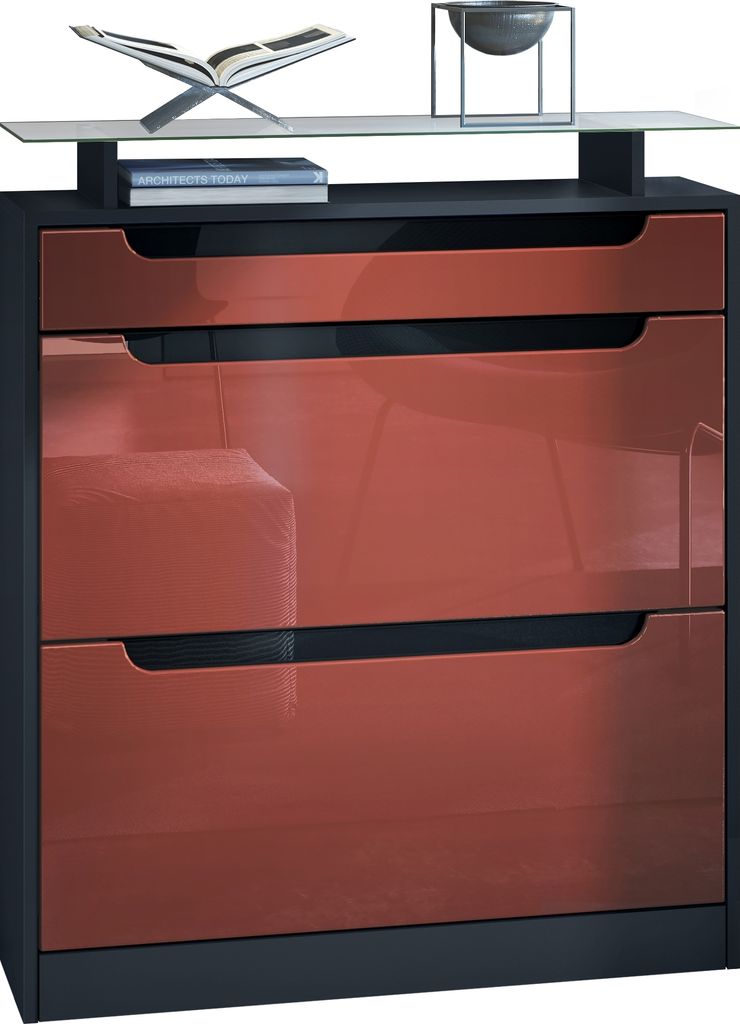 Vladon Schuhschrank Fiesta, Schwarz matt/Bordeaux Hochglanz/Schwarz Hochglanz - Schuhkipper für 16 Paar Schuhe (89 x 104 x 23 cm)