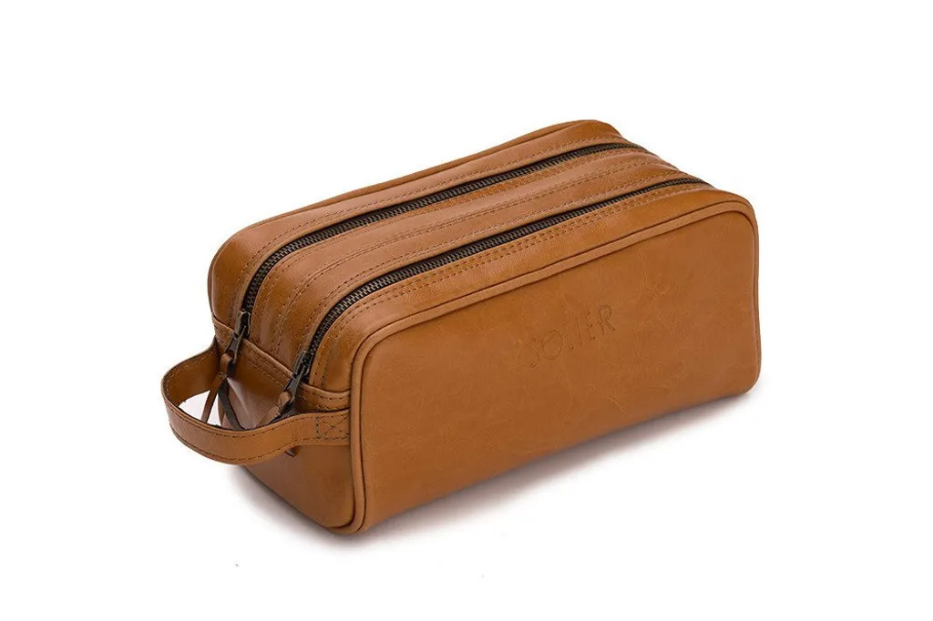 Trousse de toilette voyage homme cuir Solier SK02 marron clair souple