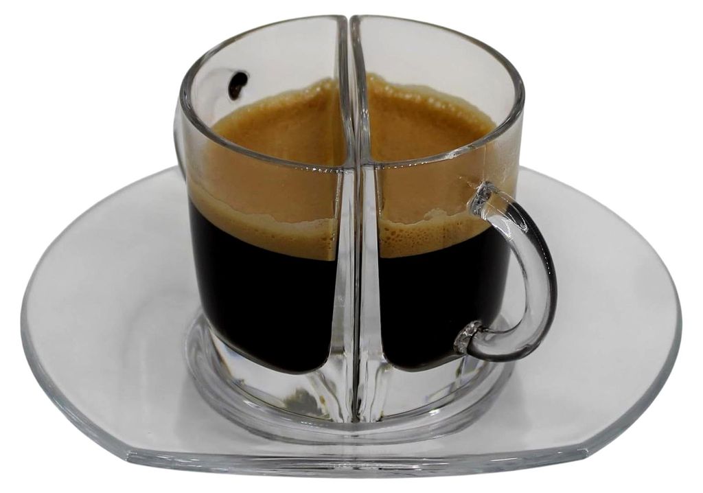 Espressotassen Set - 2 halbe Designer Glas Tassen im Retro Stil mit Glas Untersetzer