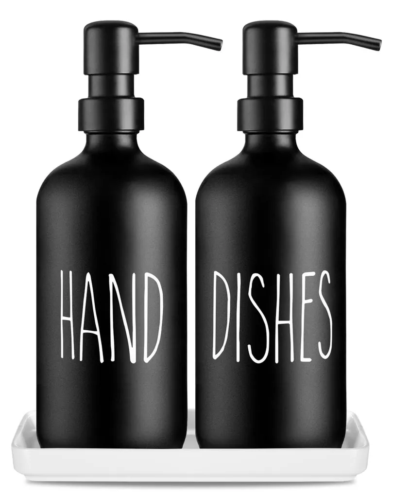 Lot de 2 flacons savon en verre noir 500ml et leur support céramique