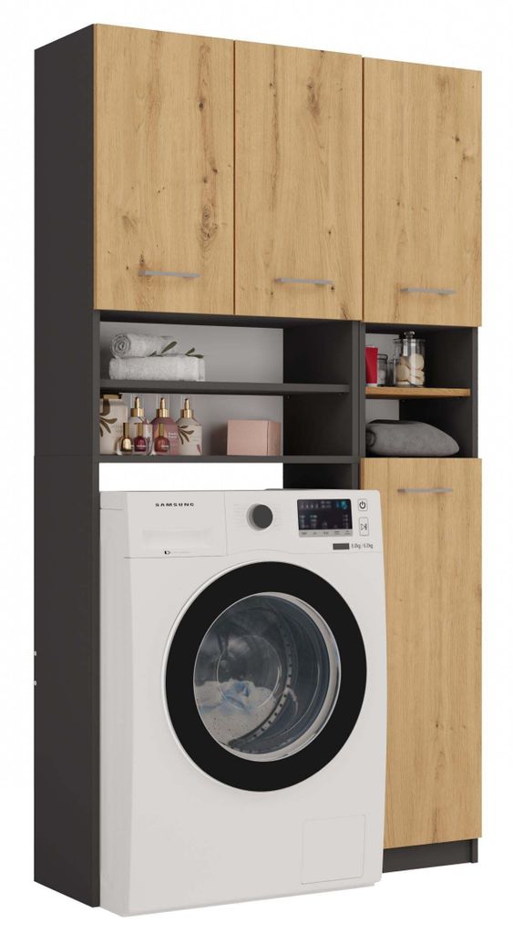 A modern laundry room cabinet with a washing machine.